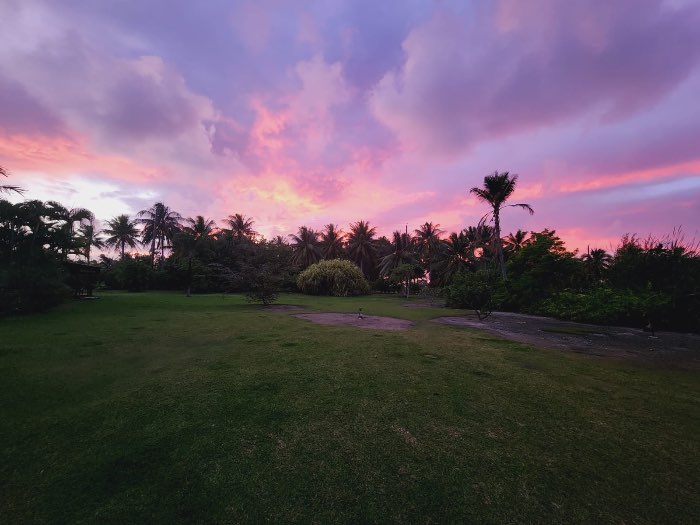 Coucher de soleil sur le jardin du lodge