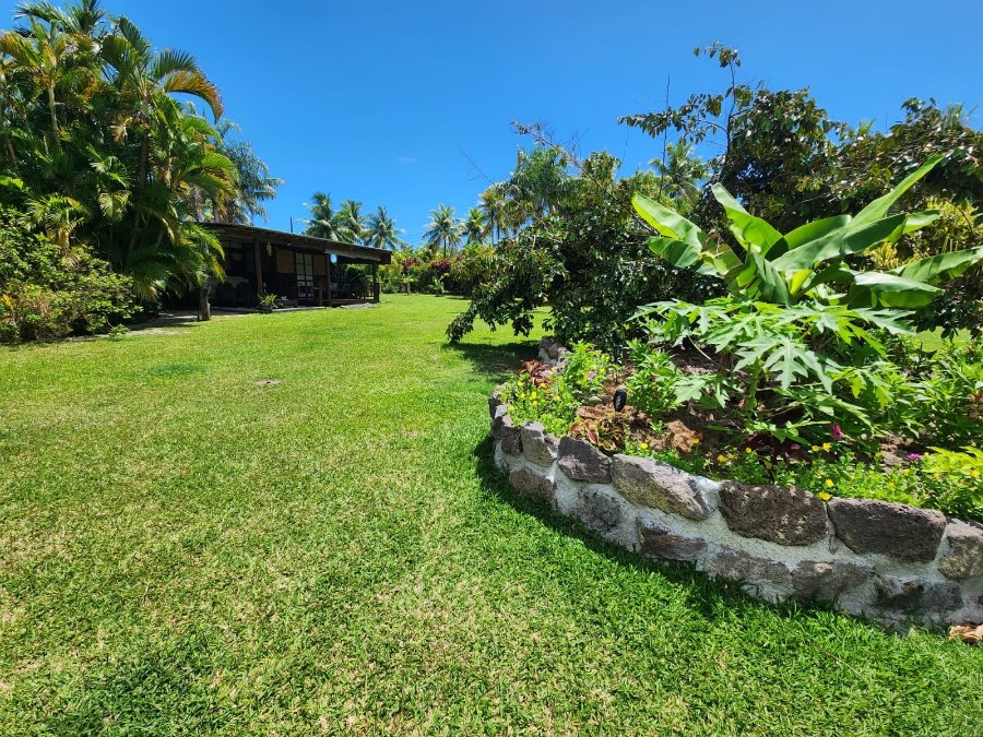Bungalow en bambou et palme de cocotier dans le jardin du lodge