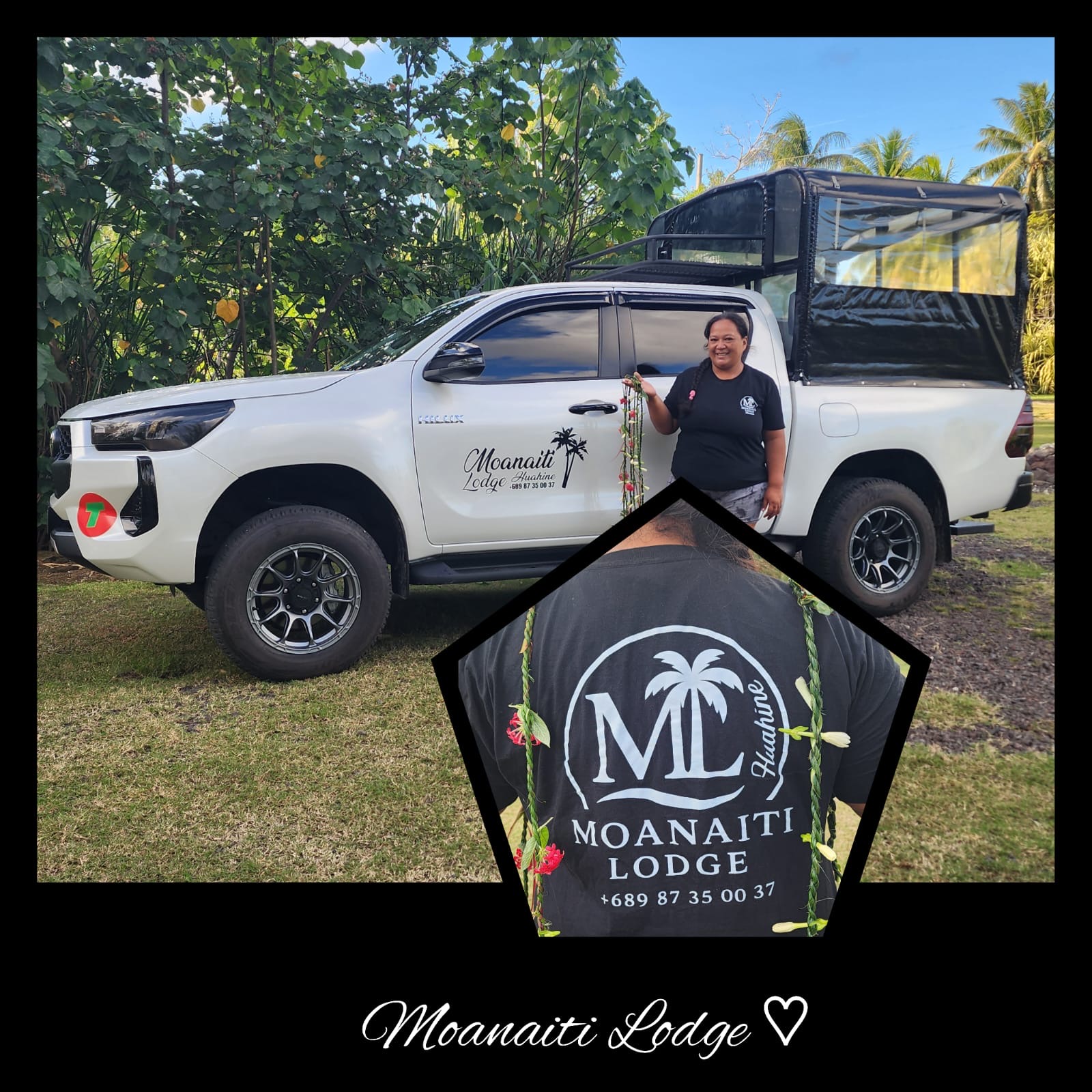 Haniarii devant la voiture de transfert du Moanaiti Lodge, un Toyota Hilux aménagé